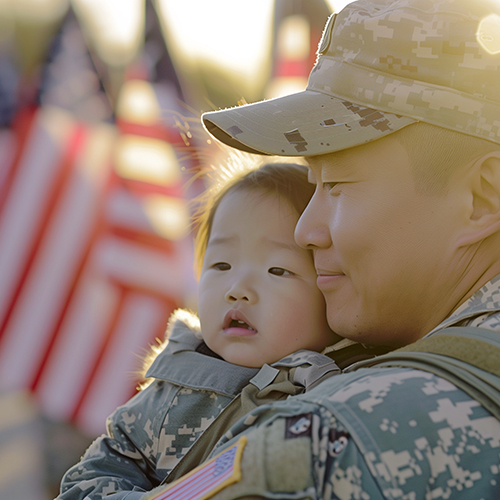 Asian American service member holds baby in front of US flags