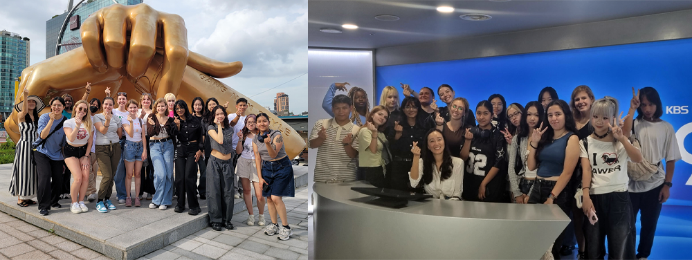group of peopl epose by statue and in a news room